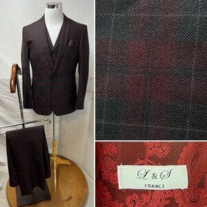 L&S France Men’s 42L X 36L Red Black Plaid Tartan 3-Piece Suit Blazer Vest Pants